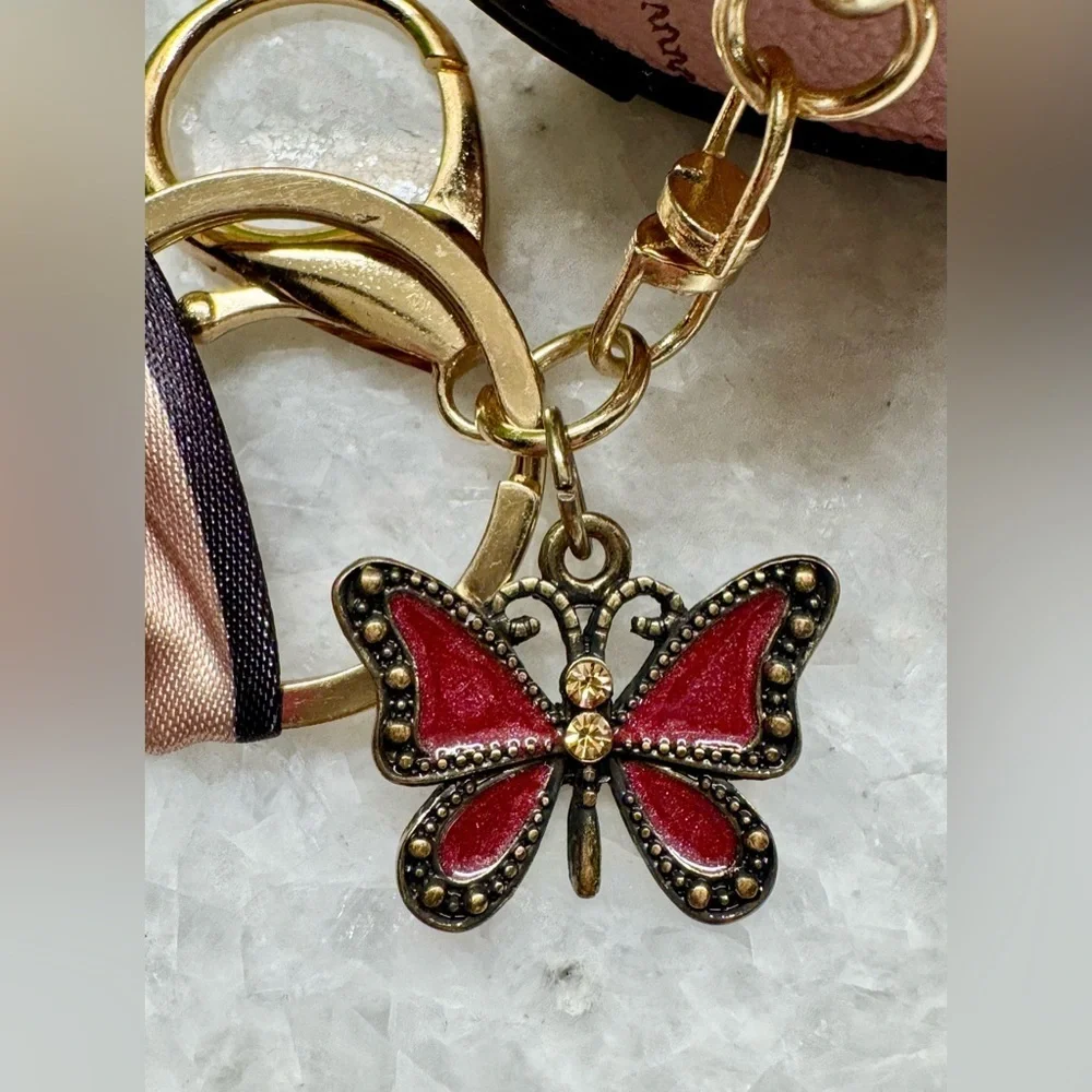 New Pink Flower Diamond Print Mini Bag Purse Charm Keychain w/ Scarf & Butterfly